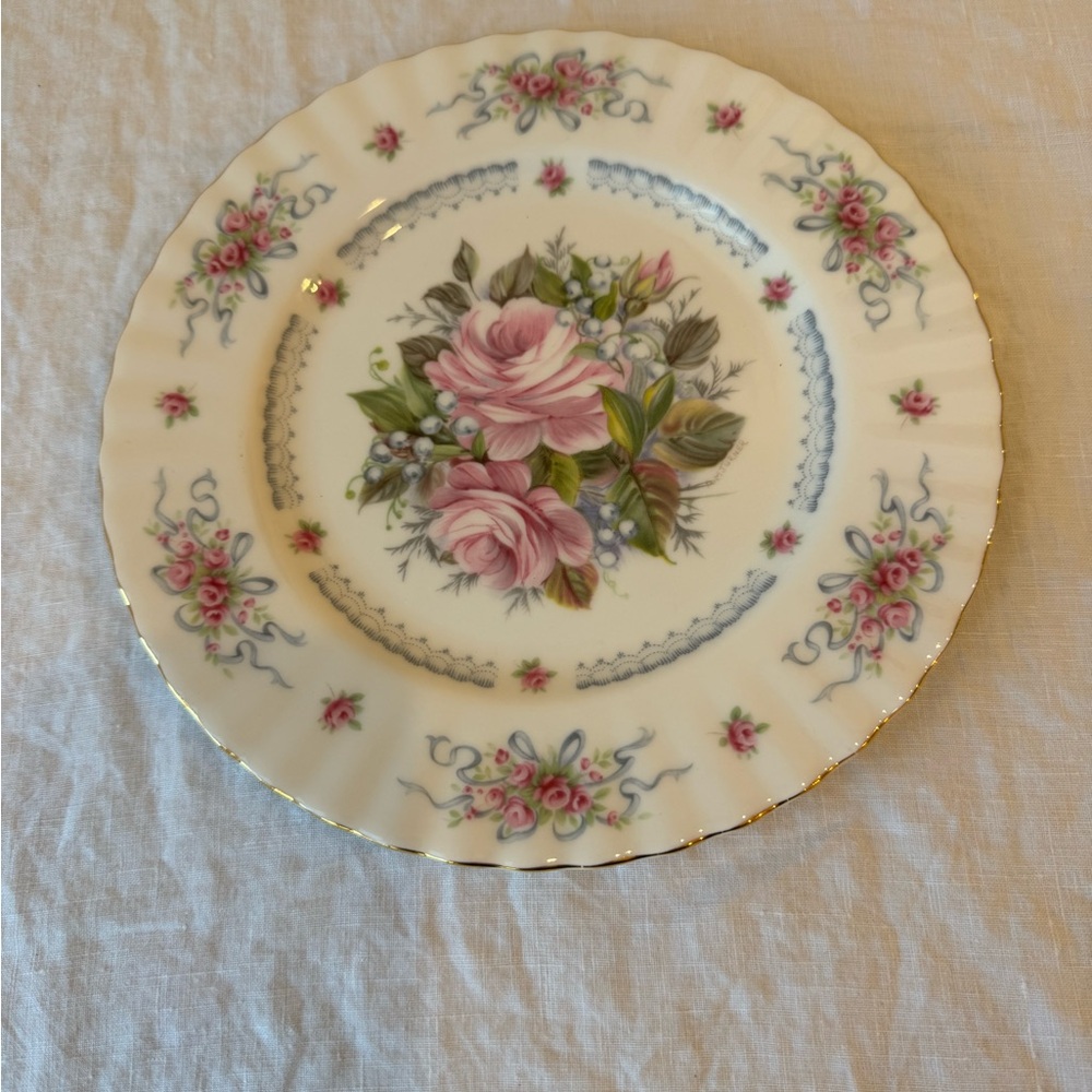 Royal Albert Pink Rose Floral Bone China Plate with Gold Trim “Happy Birthday”